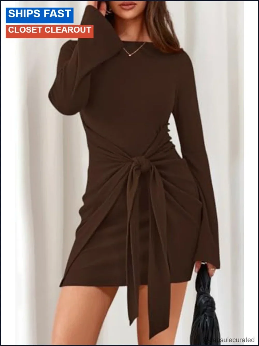 Women Long Sleeve Bell Sleeve Boat Neck Bodycon Mini Dress Tie Waist